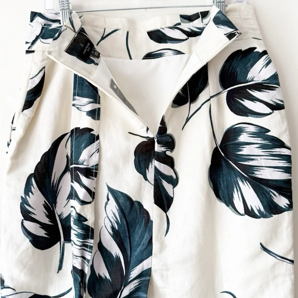 Ann Taylor Ivory Teal Leaves Linen Blend Tie Waist Pencil Skirt Size 8 Petite - Picture 11 of 16